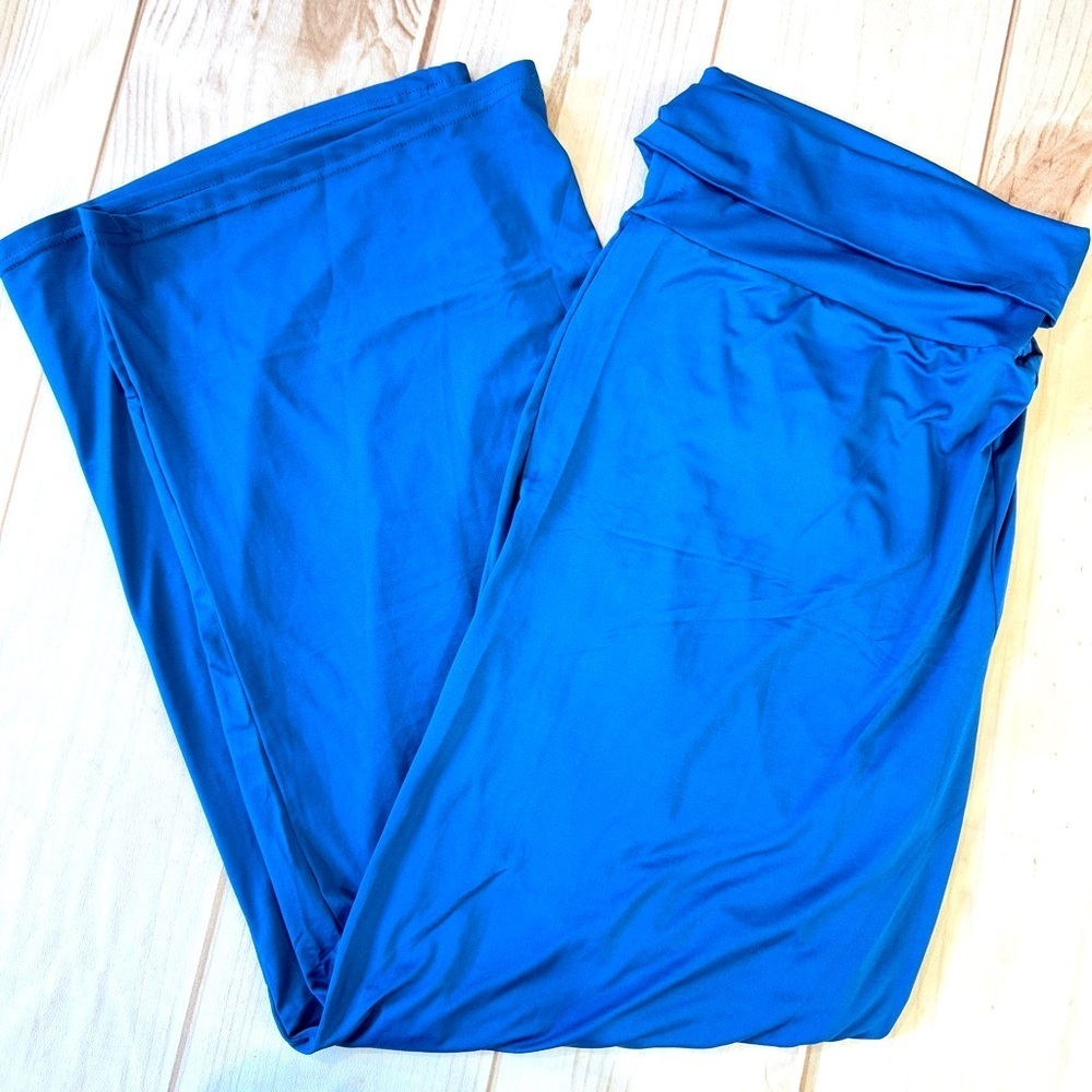 White Mark Royal Electric Blue Straight Leg Yoga Pants with High Fold Over Waist